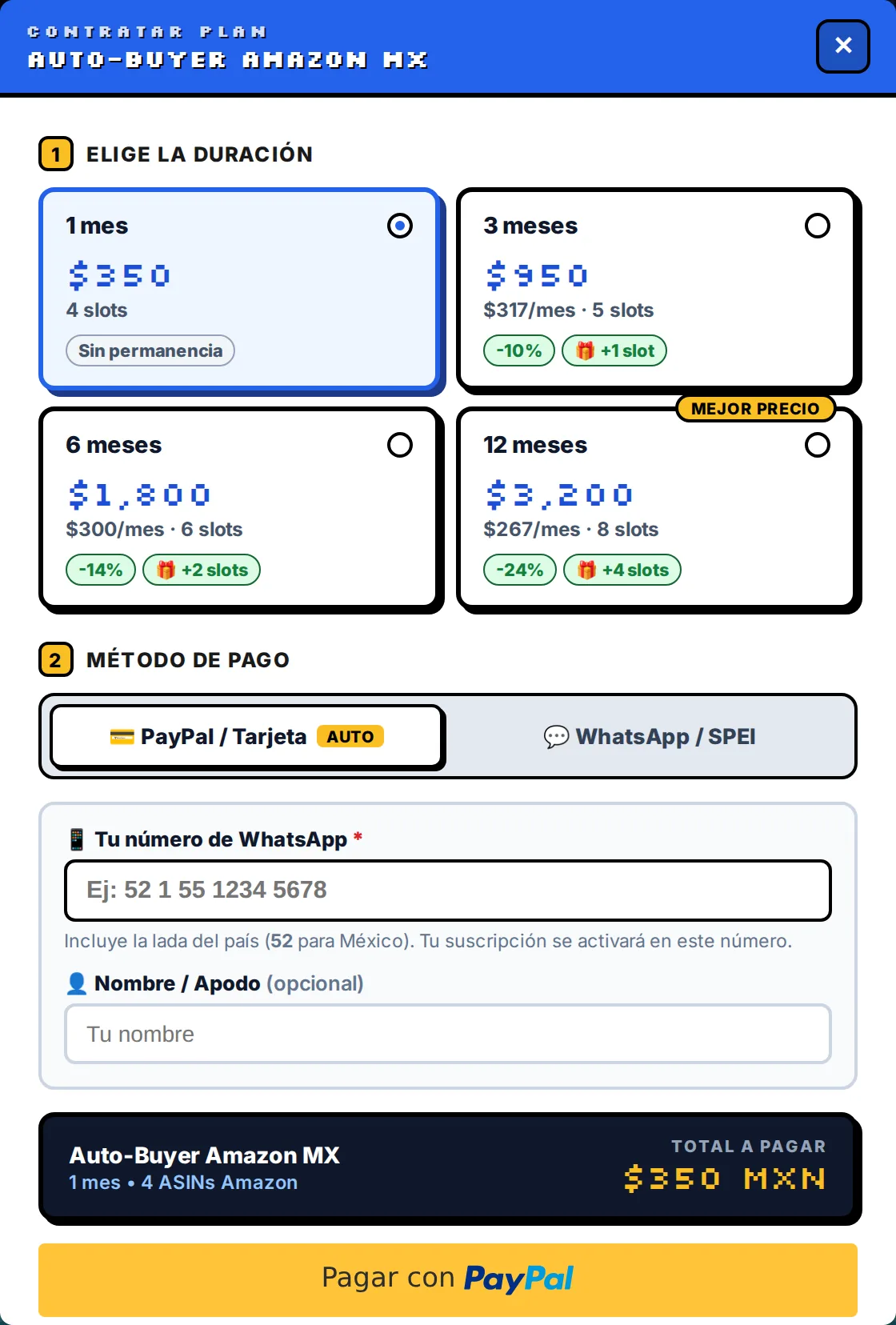 Ventana de compra de un plan