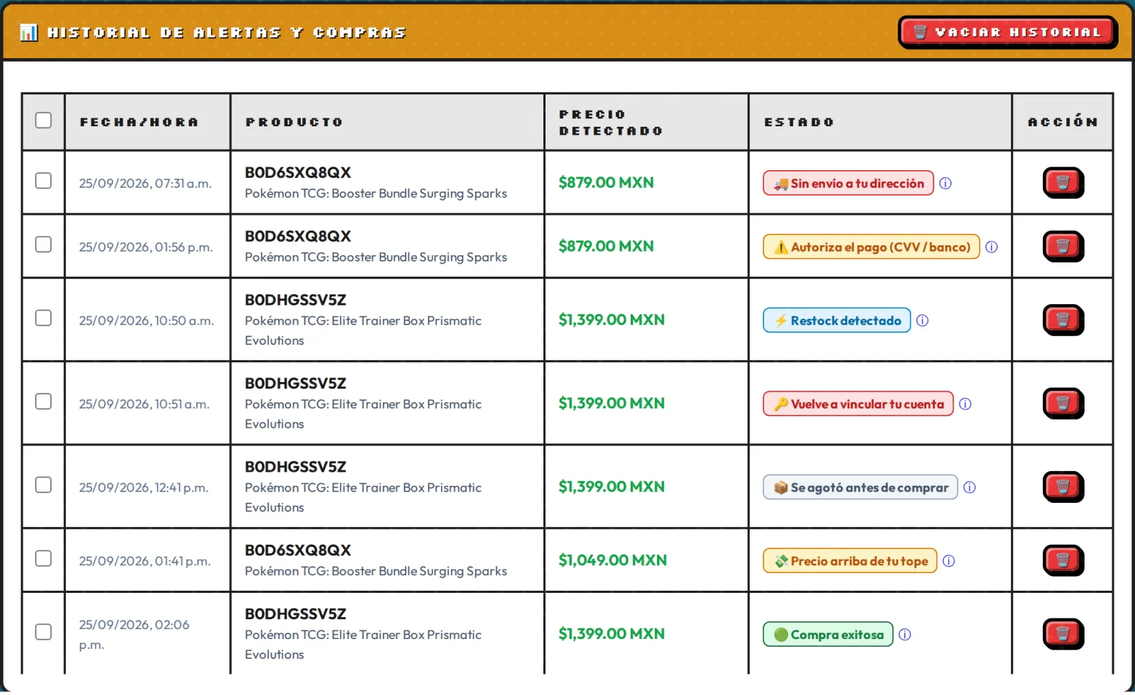 Historial de alertas y compras con varios estados