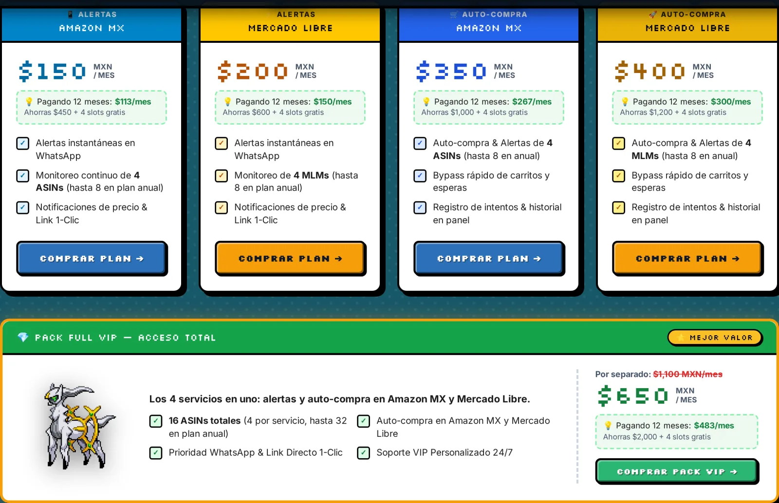 Tarjetas de los planes disponibles
